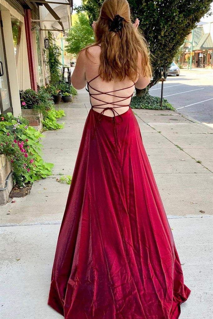 V Neck Backless Burgundy Satin Long Prom Dress, Backless Burgundy Formal Graduation Evening Dress A1407 V Neck Backless Burgundy Satin Long Prom Dress, Backless Burgundy Formal Graduation Evening Dress A1407