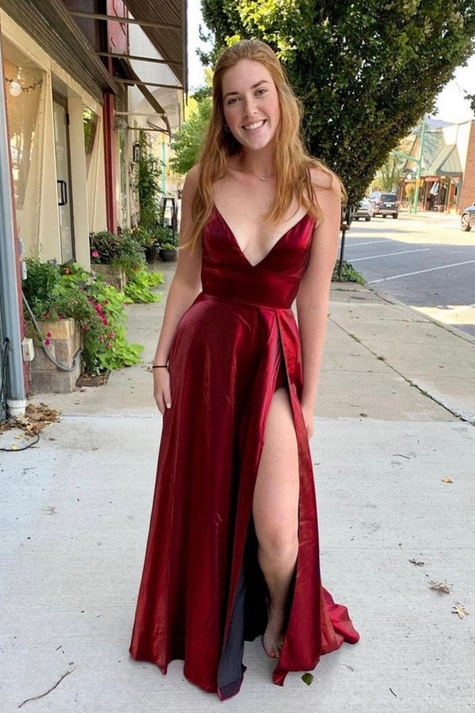 V Neck Backless Burgundy Satin Long Prom Dress, Backless Burgundy Form abcprom V Neck Backless Burgundy Satin Long Prom Dress, Backless Burgundy Form abcprom