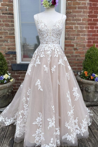 V Neck Backless Champagne Lace Appliques Long Prom Dress, Champagne Lace Formal Evening Dress A1313