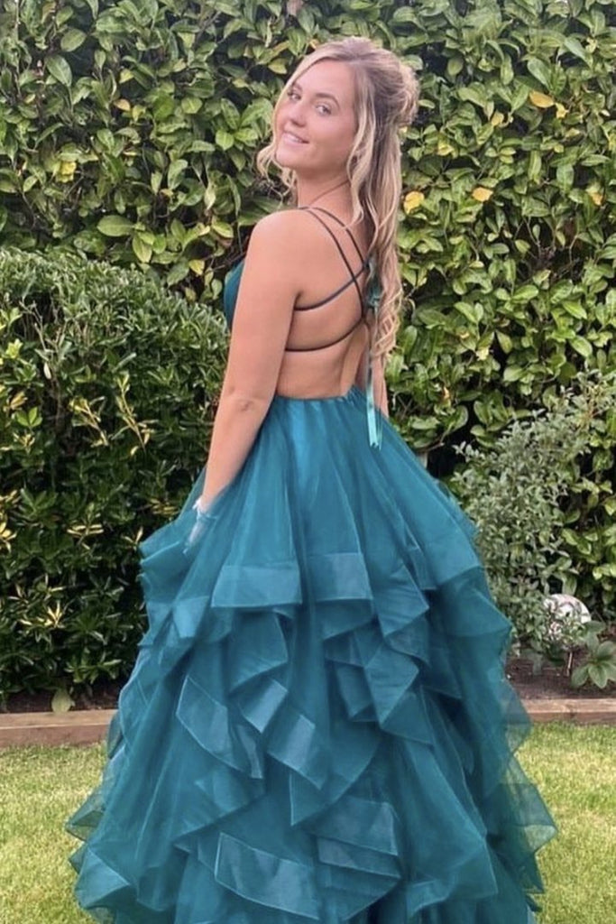 V Neck Backless Fluffy Green Long Prom Dress, Backless Green