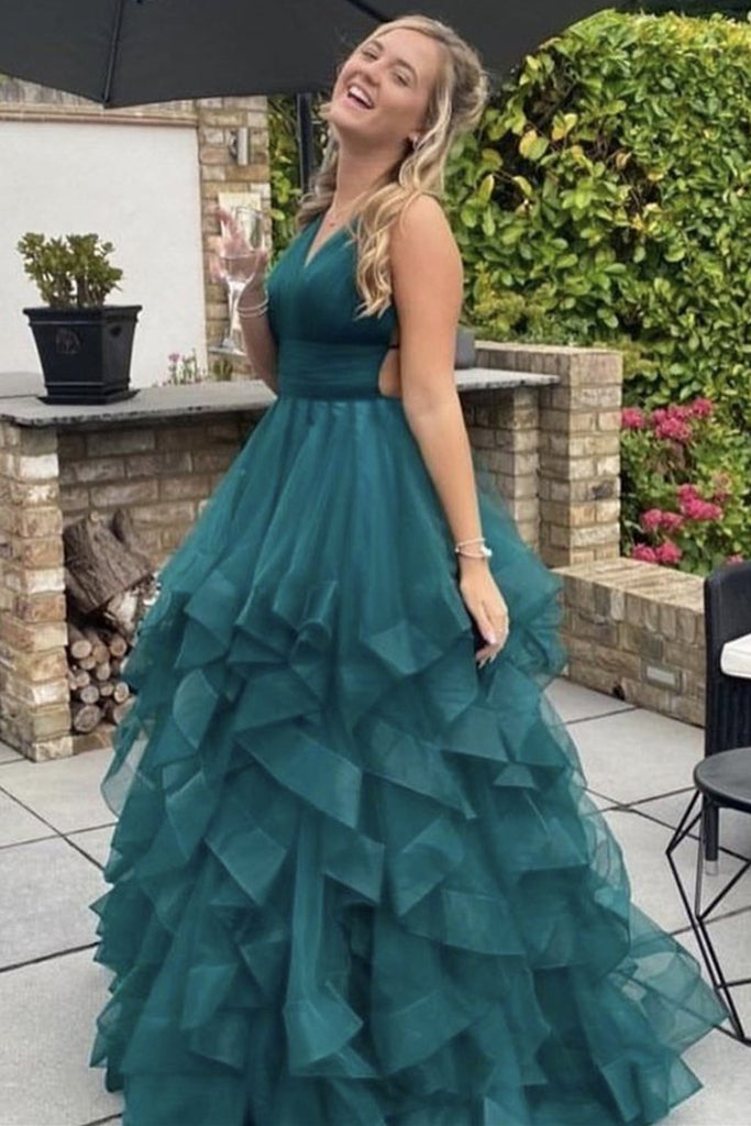 V Neck Backless Fluffy Green Long Prom Dress, Backless Green Formal Ev abcprom V Neck Backless Fluffy Green Long Prom Dress, Backless Green Formal Ev abcprom