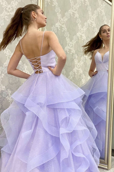V Neck Backless Fluffy Lilac Long Prom Dress, Backless Lilac Formal Evening Dress, Purple Ball Gown A1316