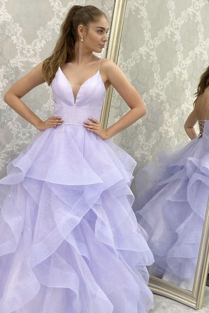 V Neck Backless Fluffy Lilac Long Prom Dress, Backless Lilac Formal Evening Dress, Purple Ball Gown A1316