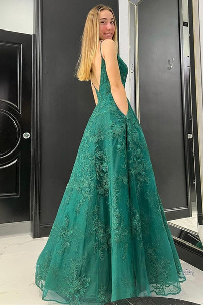 V Neck Backless Green Lace Long Prom Dress, Green Lace Formal Dress, Open Back Green Evening Dress A1400