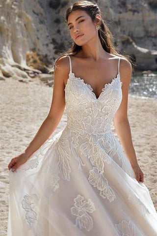 V Neck Backless Light Champagne Lace Long Prom Dress, Light Champagne Lace Wedding Dress, Champagne Formal Evening Dress A1709