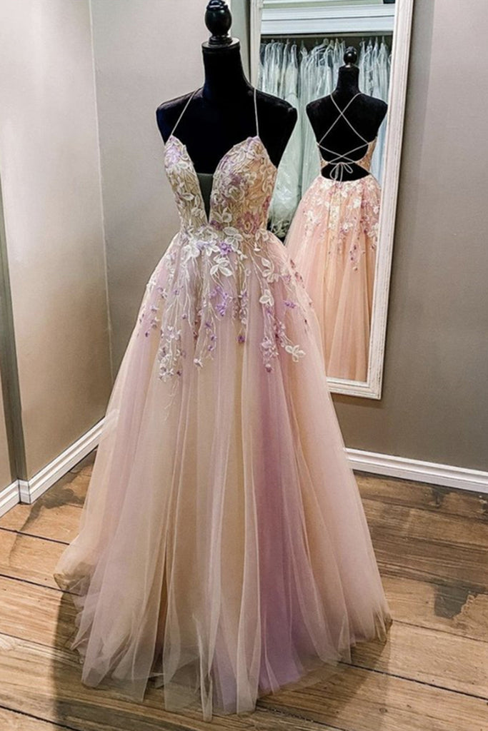 V Neck Backless Pink Lace Floral Long Prom Dress, Pink Lace Formal Dress, Pink Evening Dress