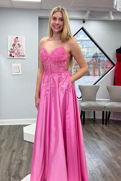 V Neck Backless Pink Lace Long Prom Dress, Pink Lace Formal Dress, Pink Evening Dress A1788