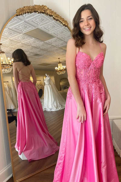 V Neck Backless Pink Lace Long Prom Dress, Pink Lace Formal Dress, Pink Evening Dress A1788