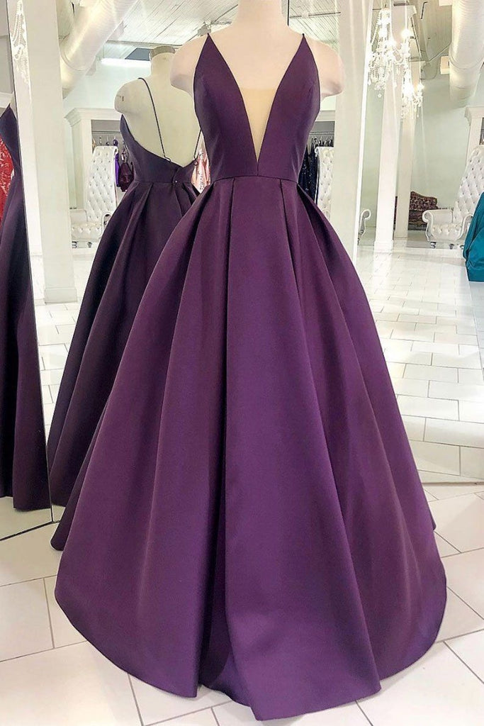 V Neck Backless Purple Satin Long Prom Dress, Backless Purple Formal Dress, Purple Evening Dress