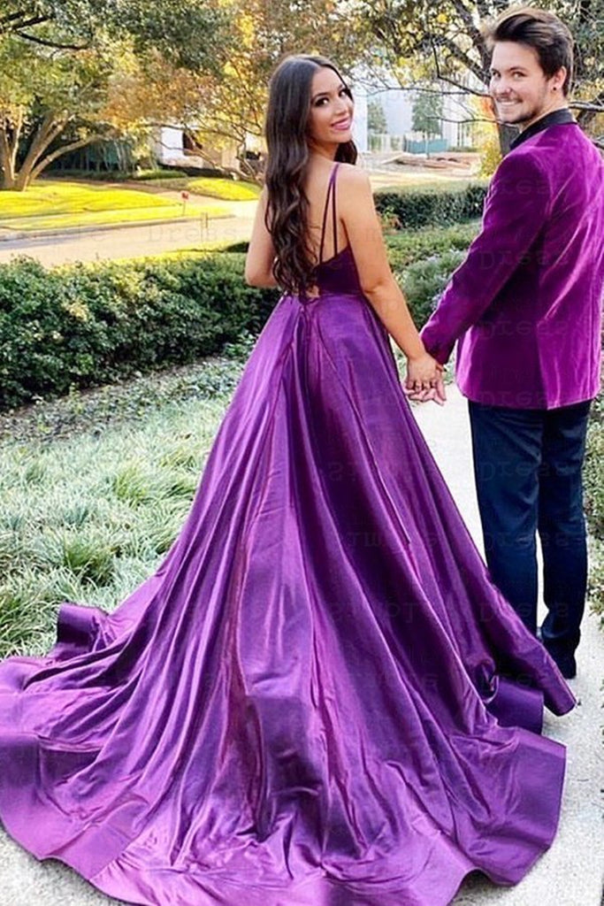 V Neck Backless Purple Satin Long Prom Dress with High Slit, Backless – abcprom