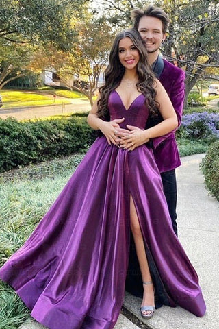 dark purple homecoming dress V Neck Backless Purple Satin Long Prom Dress with High Slit, Backless – abcprom