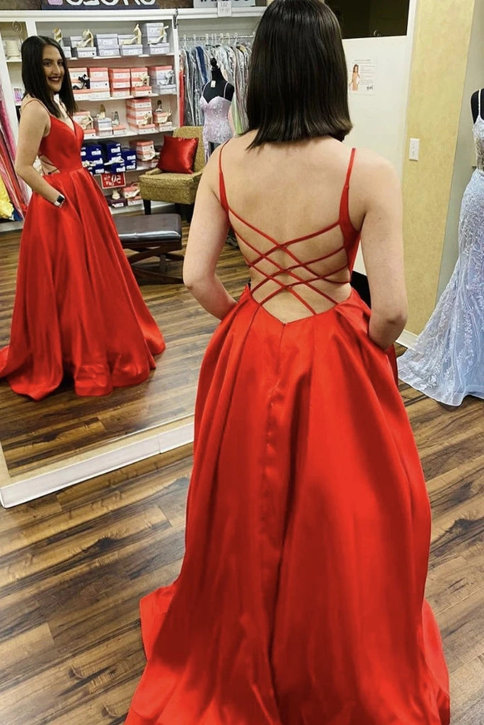 V Neck Backless Red Satin Long Prom Dress with Pocket, Long Red Formal Evening Dress