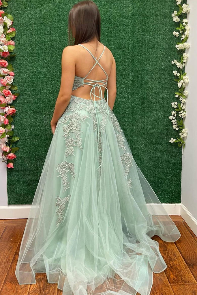 V Neck Backless Teal Lace Foral Long Prom Dresses, Open Back Teal Lace –  abcprom