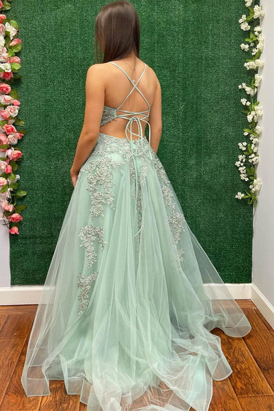 V Neck Backless Sage Tulle Lace Long Prom Dress with High Slit, Sage Lace Formal Dress, Sage Evening Dress A1825