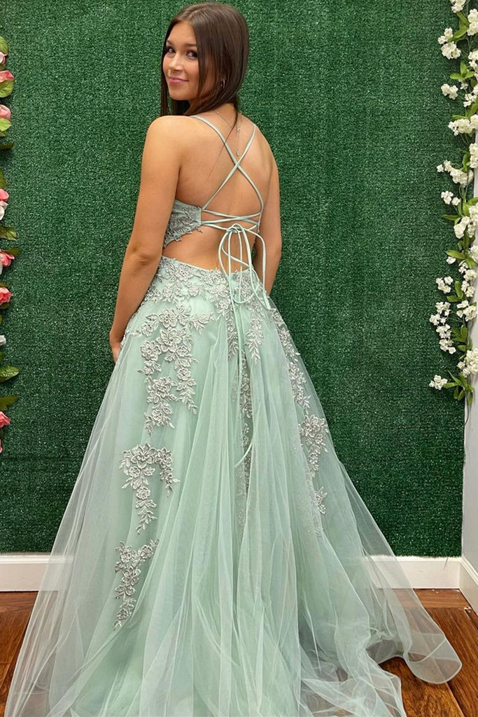 V Neck Backless Sage Tulle Lace Long Prom Dress with High Slit, Sage L abcprom V Neck Backless Sage Tulle Lace Long Prom Dress with High Slit, Sage L abcprom