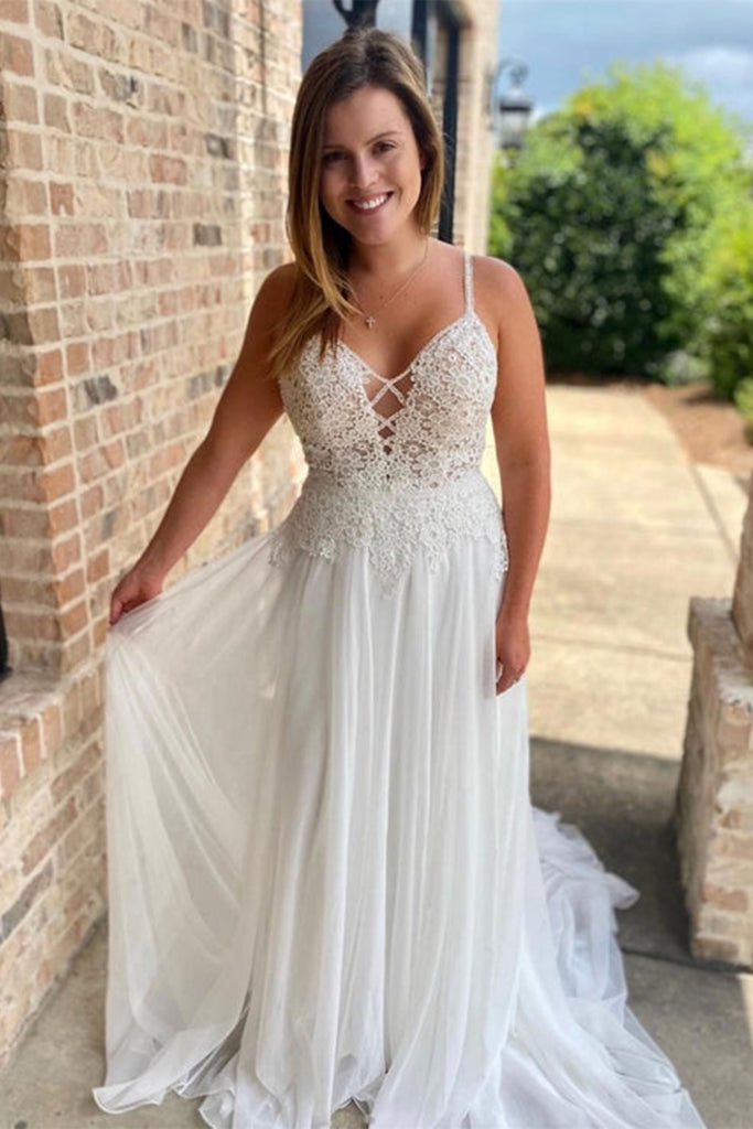 V Neck Backless White Lace Long Prom Dress, White Lace Wedding Dress, abcprom V Neck Backless White Lace Long Prom Dress, White Lace Wedding Dress, abcprom