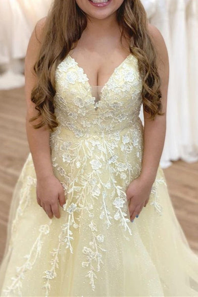 V Neck Backless Yellow Lace Long Prom Dress, Yellow Lace Formal Dress, Yellow Evening Dress