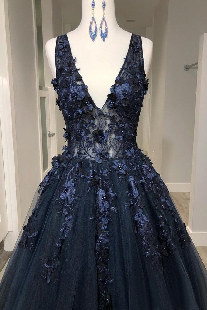 Gorgeous V Neck Beaded Black Lace Long Prom Dress, Black Lace Formal E –  abcprom