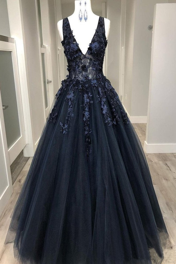 V Neck Beaded Black Lace Appliques Long Prom Dress, Black Lace Formal abcprom V Neck Beaded Black Lace Appliques Long Prom Dress, Black Lace Formal abcprom