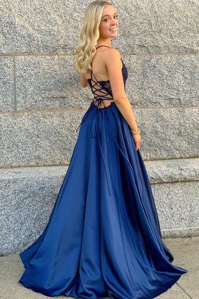 V Neck Beaded Blue Lace Long Prom Dress with Leg Slit, Blue Lace Formal Dress, Blue Evening Dress