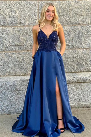 V Neck Beaded Blue Lace Long Prom Dress with Leg Slit, Blue Lace Formal Dress, Blue Evening Dress