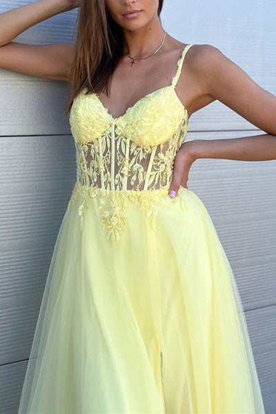 V Neck Blue/Pink/Yellow Lace Long Prom Dress with High Slit, Blue/Pink/Yellow Lace Formal Graduation Evening Dress A1731