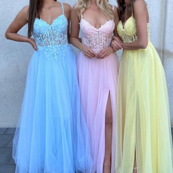 V Neck Blue/Pink/Yellow Lace Long Prom Dress with High Slit, Blue/Pink/Yellow Lace Formal Graduation Evening Dress A1731