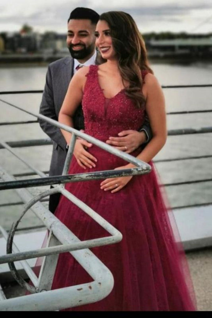 V Neck Burgundy Lace Beaded Long Prom Dress, Burgundy Lace Formal Dres abcprom V Neck Burgundy Lace Beaded Long Prom Dress, Burgundy Lace Formal Dres abcprom