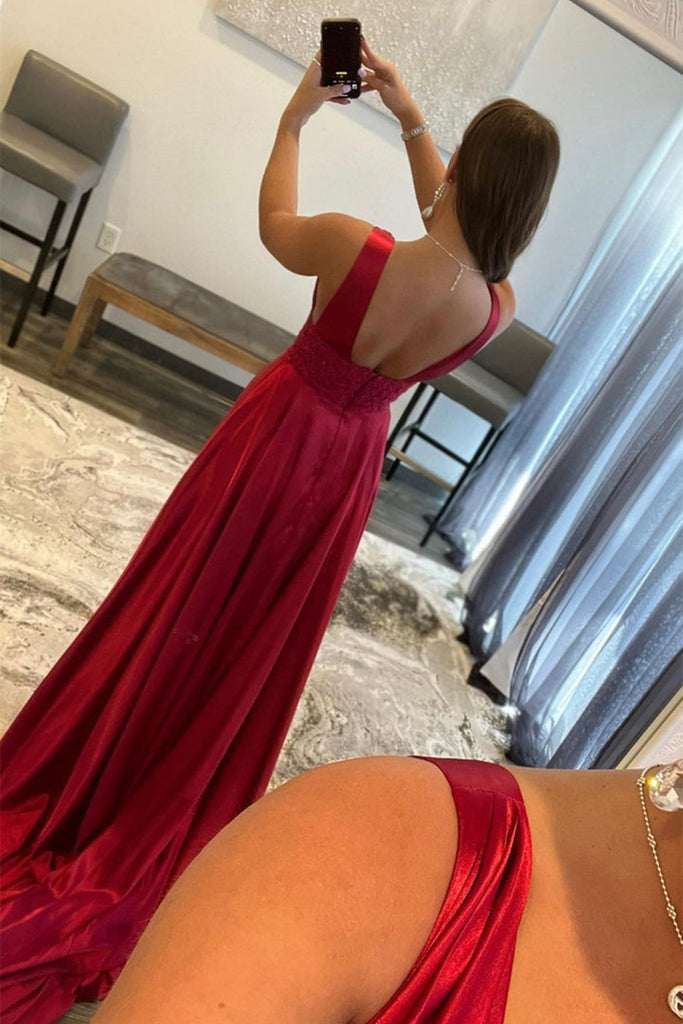 V Neck Burgundy Lace Long Prom Dress with High Slit, Burgundy Lace For abcprom V Neck Burgundy Lace Long Prom Dress with High Slit, Burgundy Lace For abcprom