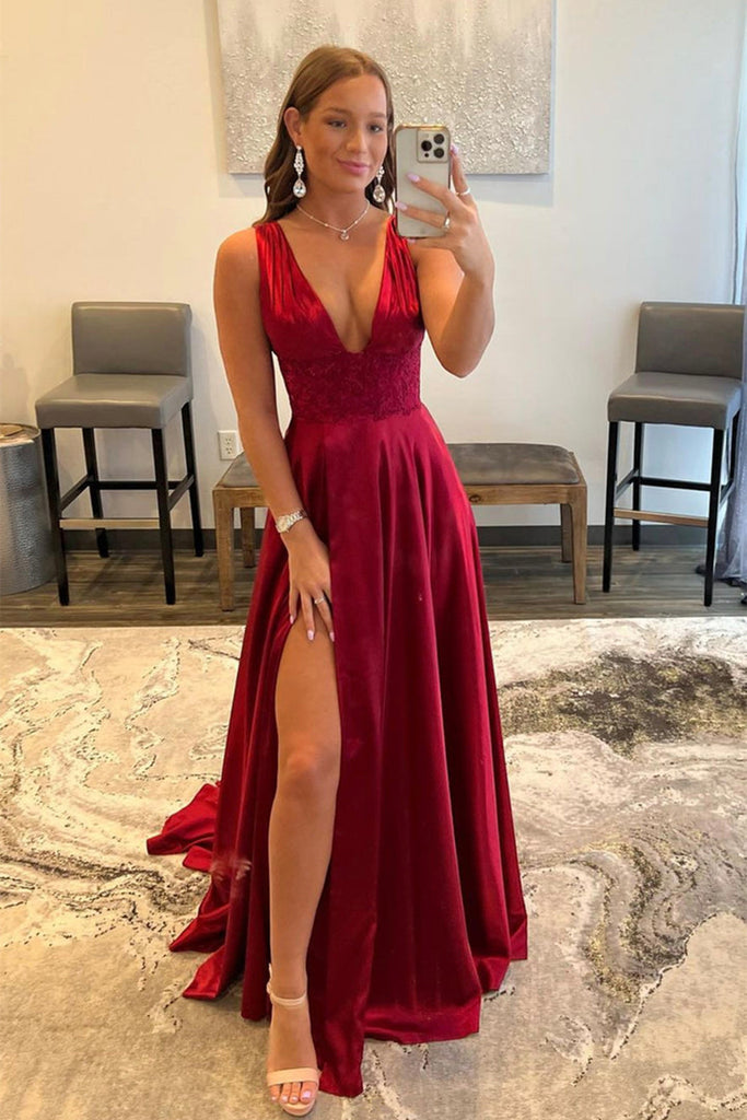 V Neck Burgundy Lace Long Prom Dress with High Slit, Burgundy Lace For abcprom V Neck Burgundy Lace Long Prom Dress with High Slit, Burgundy Lace For abcprom