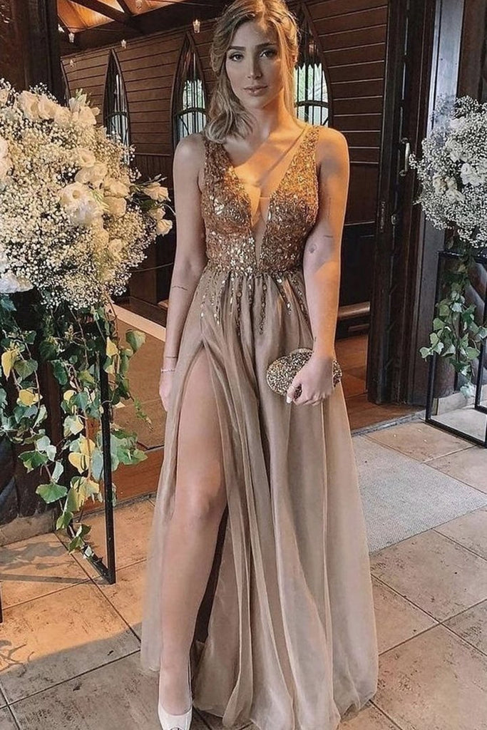 V Neck Champagne Sequins Long Prom Dress with High Slit, Champagne Seq abcprom V Neck Champagne Sequins Long Prom Dress with High Slit, Champagne Seq abcprom