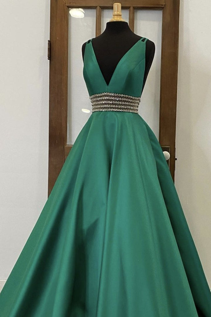 V Neck Emerald Green Satin Long Prom Dress, Emerald Green Formal Graduation Evening Dress
