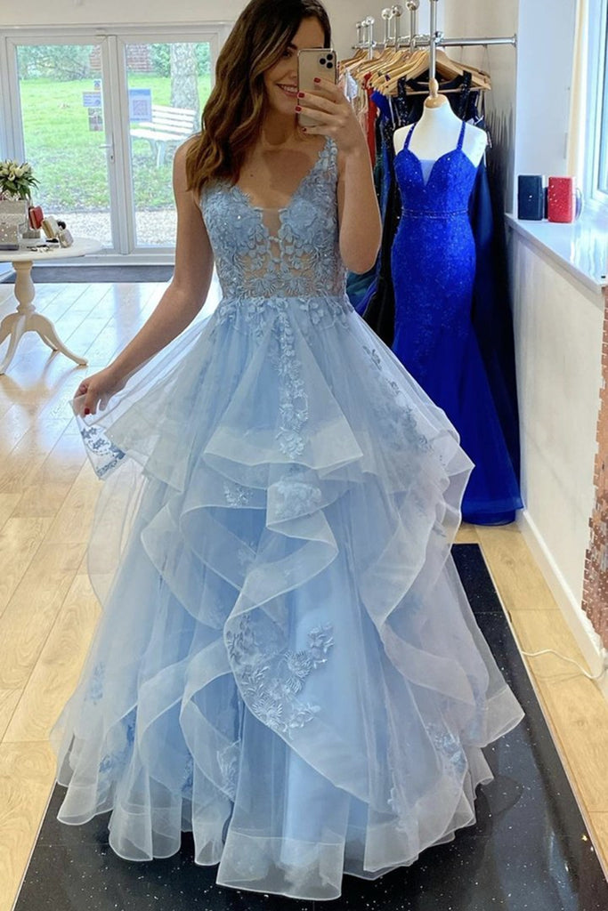 V Neck Fluffy Blue Lace Long Prom Dress, Blue Lace Formal Dress, Layered Blue Evening Dress