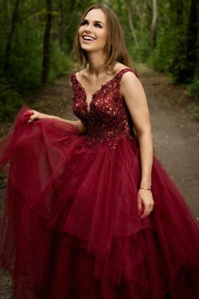 V Neck Fluffy Burgundy Lace Long Prom Dress, Burgundy Lace Formal Dress, Burgundy Evening Dress A1347