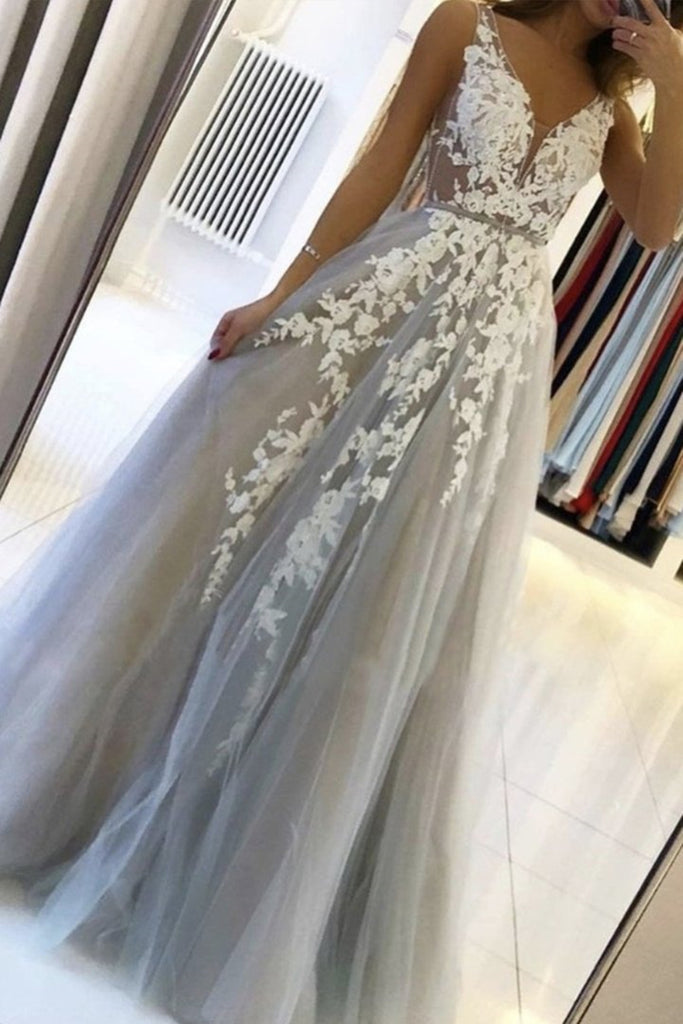 V Neck Gray Lace Long Prom Dress, Grey Lace Formal Graduation Evening abcprom V Neck Gray Lace Long Prom Dress, Grey Lace Formal Graduation Evening abcprom