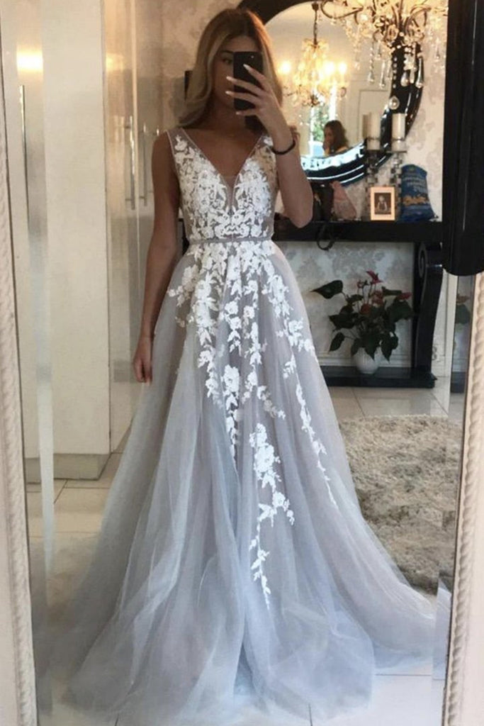 V Neck Gray Lace Long Prom Dress, Grey Lace Formal Graduation Evening abcprom V Neck Gray Lace Long Prom Dress, Grey Lace Formal Graduation Evening abcprom