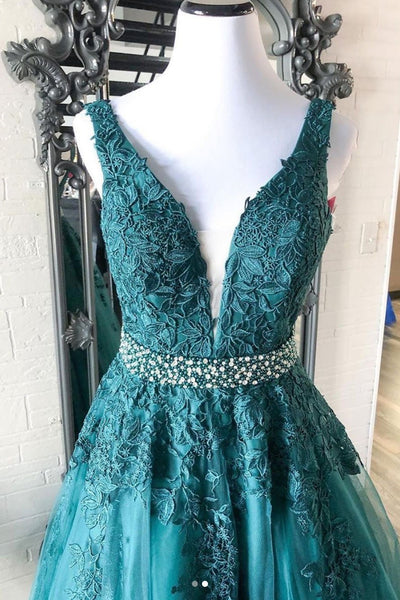 V Neck Green Lace Long Prom Dress with Beaded Belt, Long Green Lace Formal Evening Dress