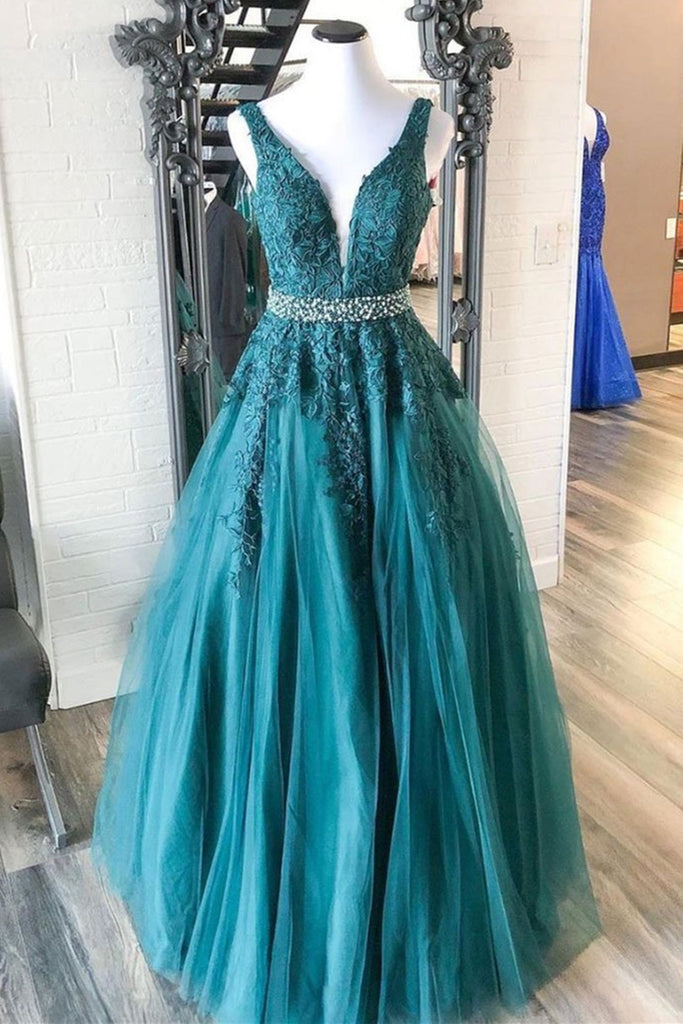 V Neck Green Lace Long Prom Dress with Beaded Belt, Long Green Lace Formal Evening Dress