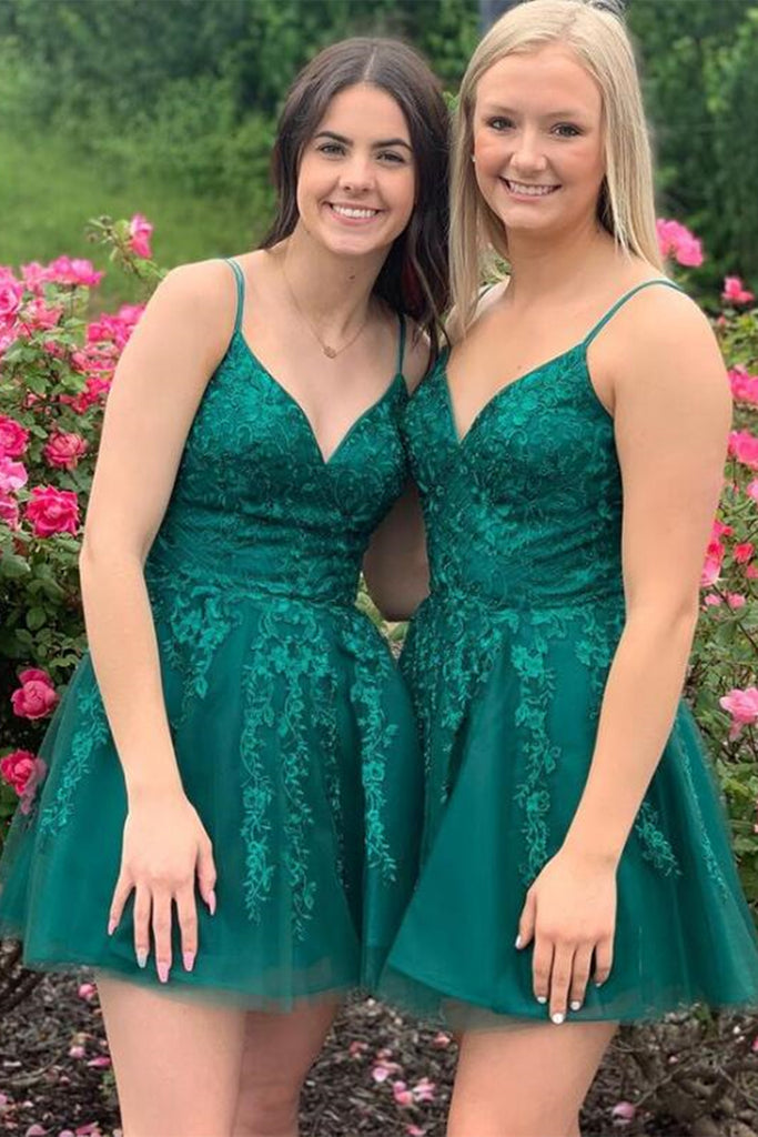 V Neck Green Lace Prom Dress, Short Green Lace Homecoming Dress, Green Formal Evening Dress A1704