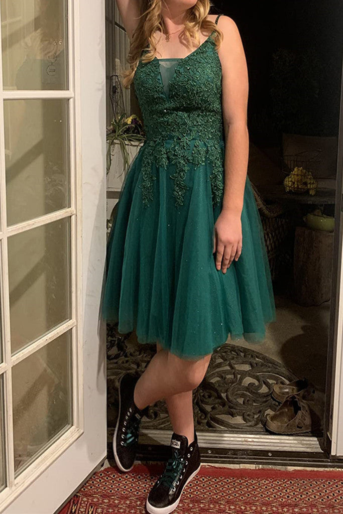 V Neck Green Lace Prom Dress, Short Green Tulle Homecoming Dress, Green Lace Formal Graduation Evening Dress A1643