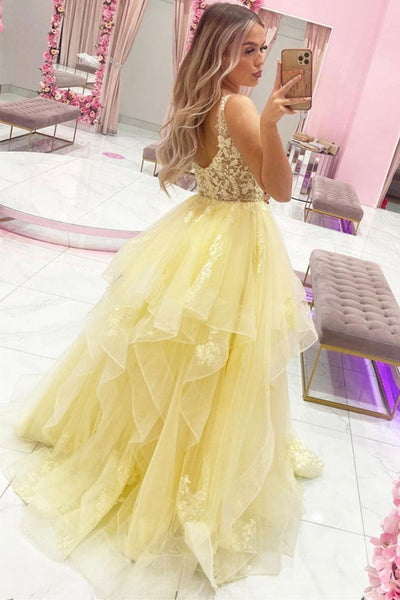 V Neck Layered Yellow Tulle Lace Long Prom Dress, Yellow Lace Formal Dress, Yellow Evening Dress A1414