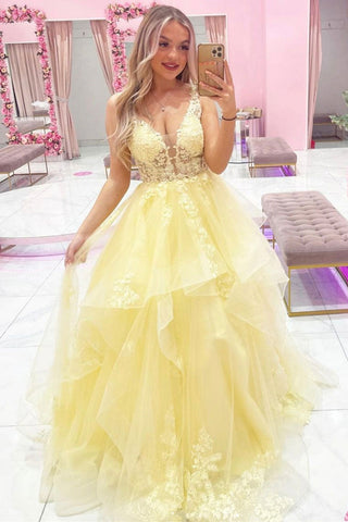 V Neck Layered Yellow Tulle Lace Long Prom Dress, Yellow Lace Formal Dress, Yellow Evening Dress A1414