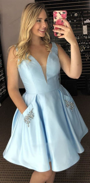 V Neck Light Blue Short Prom Dress with Pocket, Light Blue Formal Graduation Homecoming Dress