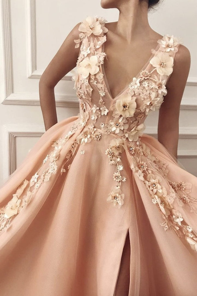pinkish orange prom dresses V Neck Light Orange Floral Long Prom Dress with High Slit, Light Orang – abcprom