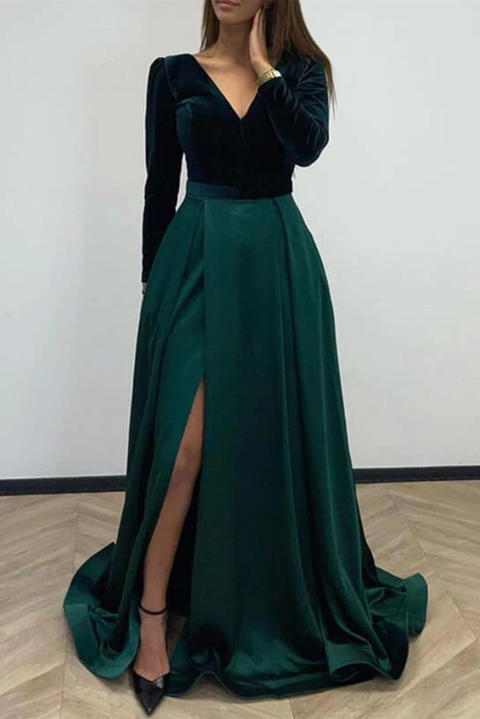 FancyVestido V-Neck Dark Green Velvet Long Prom Dress with Rhinestones US 14 / Black / Rush
