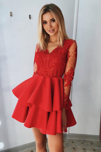 V Neck Long Sleeves Layered Red Lace Short Prom Dress, Long Sleeves Red Lace Formal Graduation Homecoming Dress