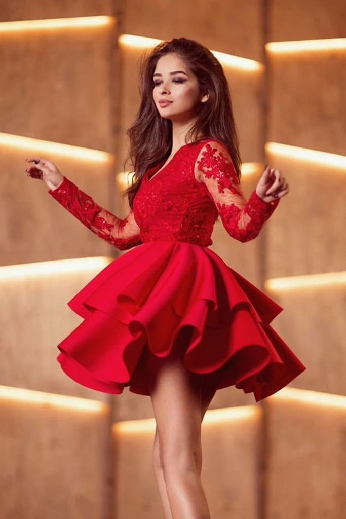 V Neck Long Sleeves Layered Red Lace Short Prom Dress, Long Sleeves Re –  abcprom