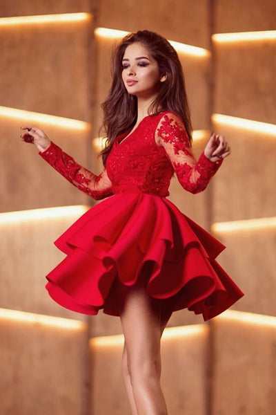 V Neck Long Sleeves Layered Red Lace Short Prom Dress, Long Sleeves Red Lace Formal Graduation Homecoming Dress