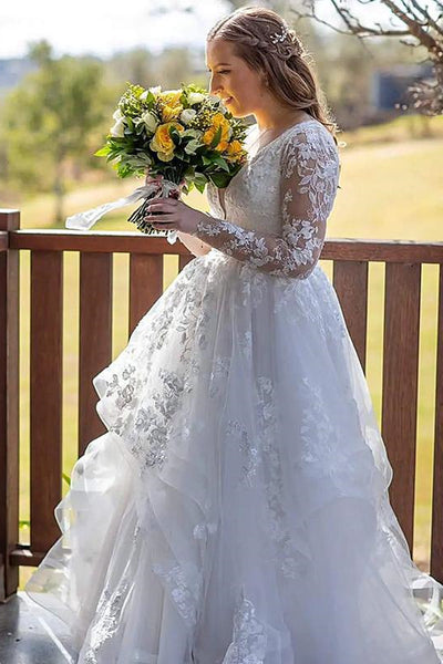 V Neck Long Sleeves White Lace Tulle Prom Dress, Layered White Lace Wedding Dress, White Formal Evening Dress A1707