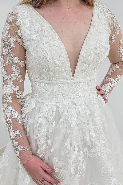 V Neck Long Sleeves White Lace Tulle Prom Dress, Layered White Lace Wedding Dress, White Formal Evening Dress A1707